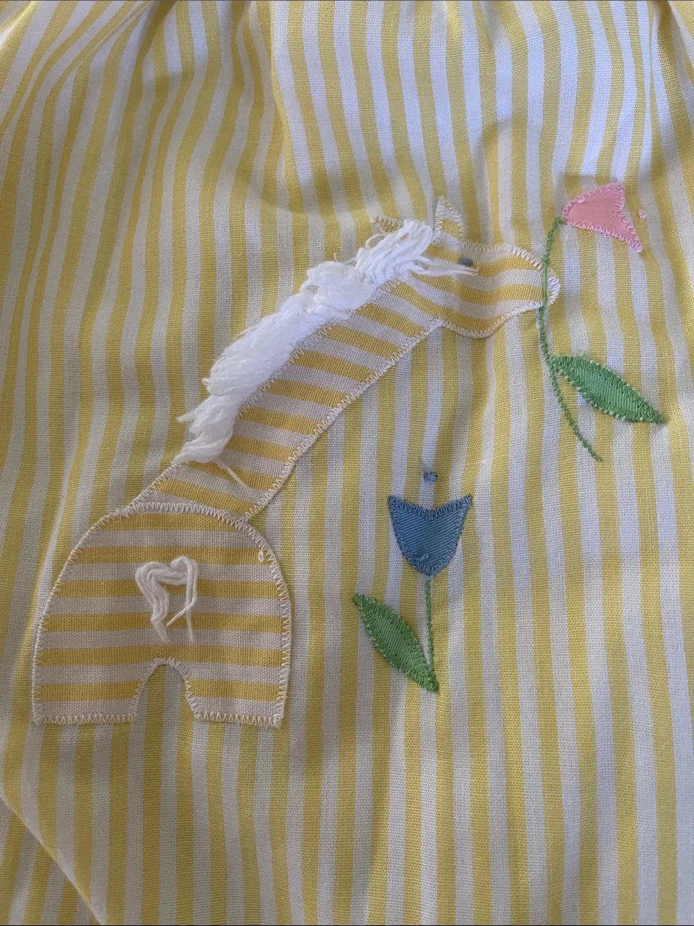 Vintage Yellow Striped Baby Romper with Floral Giraffe Appliqué